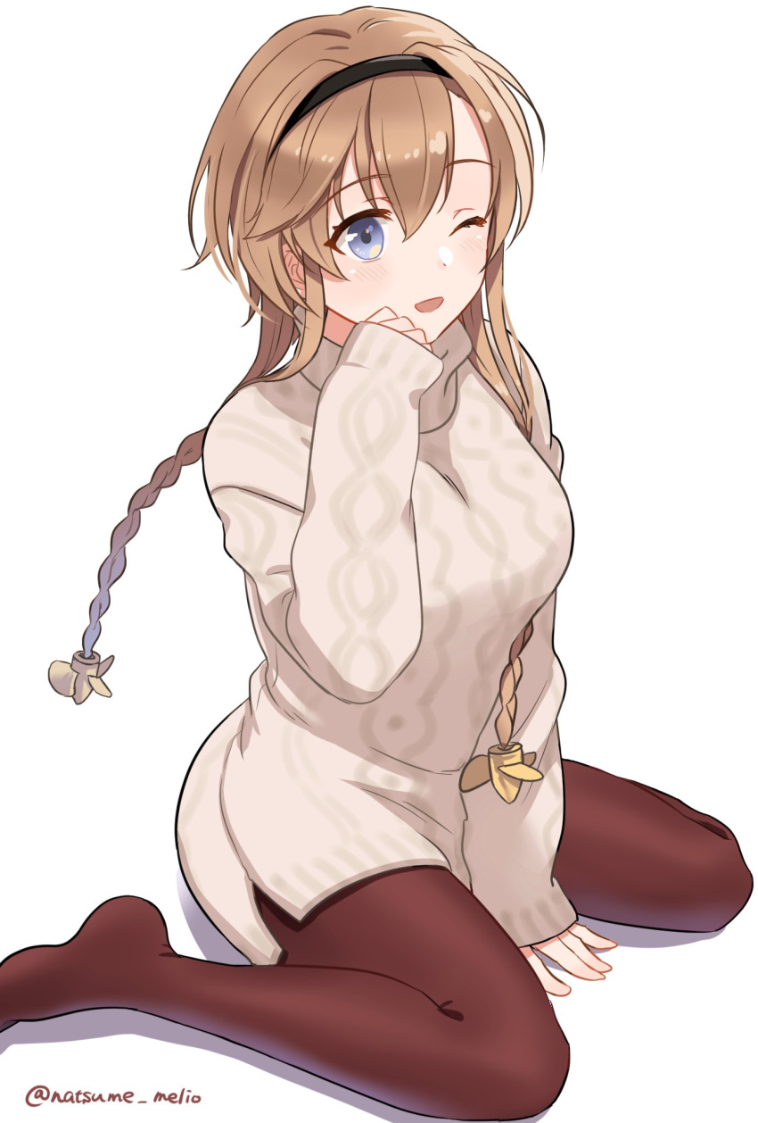 1girl alternate_costume arm_up bangs beige_sweater between_legs blue_eyes braid brown_hair brown_legwear casual eyebrows_visible_through_hair hair_between_eyes hair_ornament hairband hand_between_legs highres kantai_collection kneeling light_blush long_hair long_sleeves natsume_(natsume_melio) one-hour_drawing_challenge one_eye_closed open_mouth pantyhose sweater teruzuki_(kancolle) twin_braids twitter_username white_background