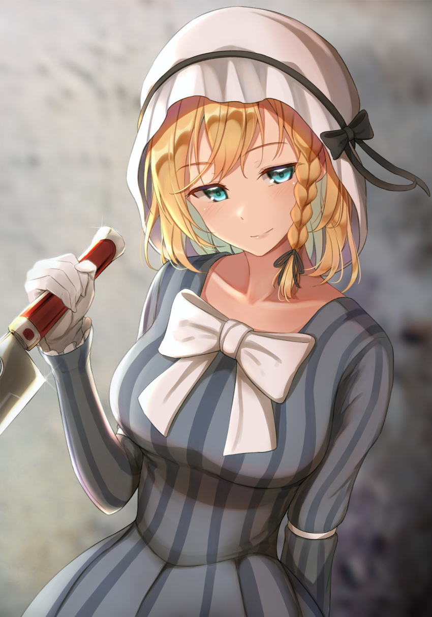 1girl alternate_costume blonde_hair blue_eyes bow braid dress fumei_(mugendai) gloves hair_ribbon highres holding holding_knife knife maribel_hearn medium_hair purple_dress ribbon single_braid smile solo striped striped_dress touhou white_bow white_gloves