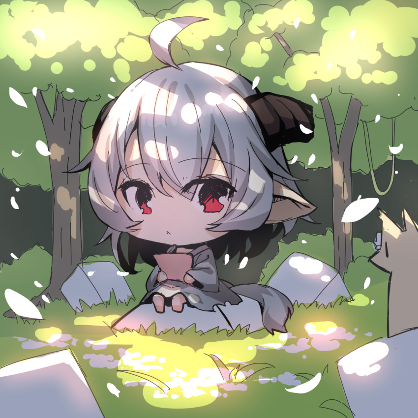1girl :&lt; ahoge animal bangs barefoot big_head chibi closed_mouth commentary_request day dress eyebrows_visible_through_hair fox grey_dress grey_hair hair_between_eyes highres horns long_sleeves original outdoors pointy_ears red_eyes rock sitting solo tail tree wide_sleeves yuuji_(yukimimi)