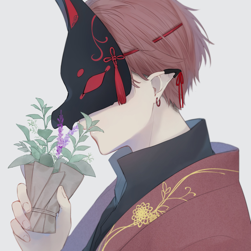 1boy bouquet coat covered_eyes ear_ribbon earclip earrings embroidery fingernails floral_print flower flower_over_mouth fox_mask from_side grey_background highres holding jewelry male_focus mask original pointy_ears popped_collar portrait profile purple_flower red_coat red_theme redhead simple_background smelling_flower solo tassel tsuki_mitsu wrapper
