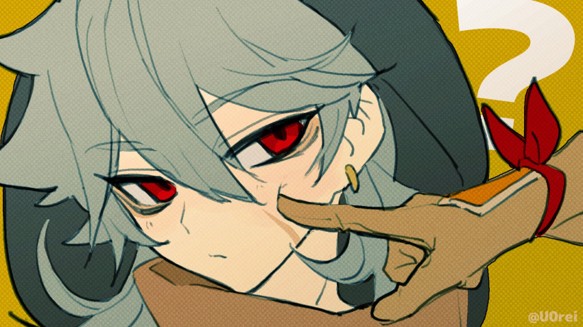 2boys ? bangs bennett_(genshin_impact) brown_gloves cheek_poking closed_mouth ear_piercing eyebrows_visible_through_hair face genshin_impact gloves grey_hair hair_between_eyes highres hood hood_up long_hair male_focus multiple_boys piercing poking portrait razor_(genshin_impact) red_eyes romaji_commentary scar scar_on_face simple_background solo_focus twitter_username u0rei yellow_background