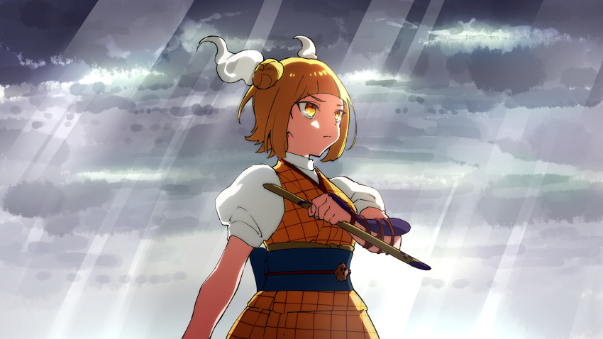 1girl bangs belt blonde_hair blue_belt breasts closed_mouth clouds cloudy_sky double_bun dress eyebrows_visible_through_hair futoumeido grey_sky hair_ribbon hand_up highres joutouguu_mayumi looking_to_the_side looking_up medium_breasts polearm puffy_short_sleeves puffy_sleeves ribbon shirt short_hair short_sleeves sky solo spear sunlight touhou weapon white_ribbon white_shirt yellow_dress yellow_eyes