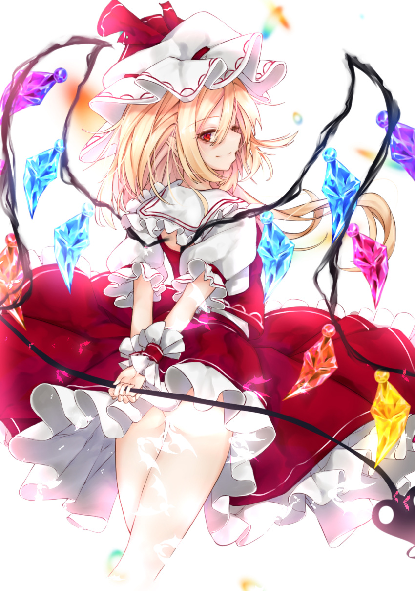 1girl absurdres arms_behind_back ass blonde_hair calpis118 crystal eyebrows_visible_through_hair feet_out_of_frame flandre_scarlet frilled_shirt_collar frilled_skirt frills from_behind glowing glowing_eyes grin hair_between_eyes hat highres holding holding_polearm holding_staff holding_weapon laevatein_(touhou) looking_at_viewer looking_back medium_hair mob_cap petticoat polearm profile puffy_sleeves rainbow_order red_eyes red_skirt red_vest shirt sideways_glance skirt skirt_set smile solo staff touhou vest weapon white_headwear white_shirt wings wrist_cuffs
