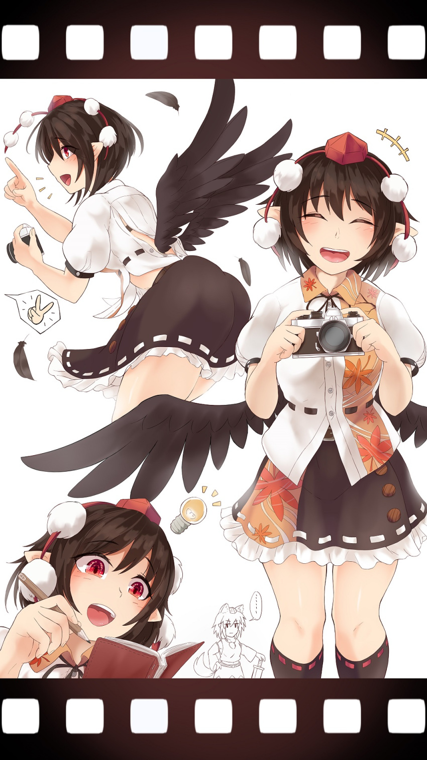 +++ ... 2girls ;d animal_ear_fluff animal_ears bangs belt bird_wings black_skirt black_wings blush brown_hair buckle buttons camera closed_mouth collared_shirt commentary_request eyebrows_visible_through_hair eyelashes feathered_wings feathers frilled_skirt frills from_side happy hat highres holding holding_camera holding_pen holding_sword holding_weapon index_finger_raised inubashiri_momiji kagami_toufu knees leaf-pattern_stripe leaf_print light_bulb multiple_girls multiple_views notebook one_eye_closed open_mouth pen planted planted_sword pointy_ears pom_pom_(clothes) puffy_short_sleeves puffy_sleeves red_button red_eyes red_headwear ribbon-trimmed_legwear ribbon-trimmed_skirt ribbon_trim shameimaru_aya shirt short_hair short_sleeves simple_background skirt smile socks standing sword tail teeth tokin_hat tongue touhou upper_teeth v weapon white_background wing_collar wings wolf_ears wolf_tail
