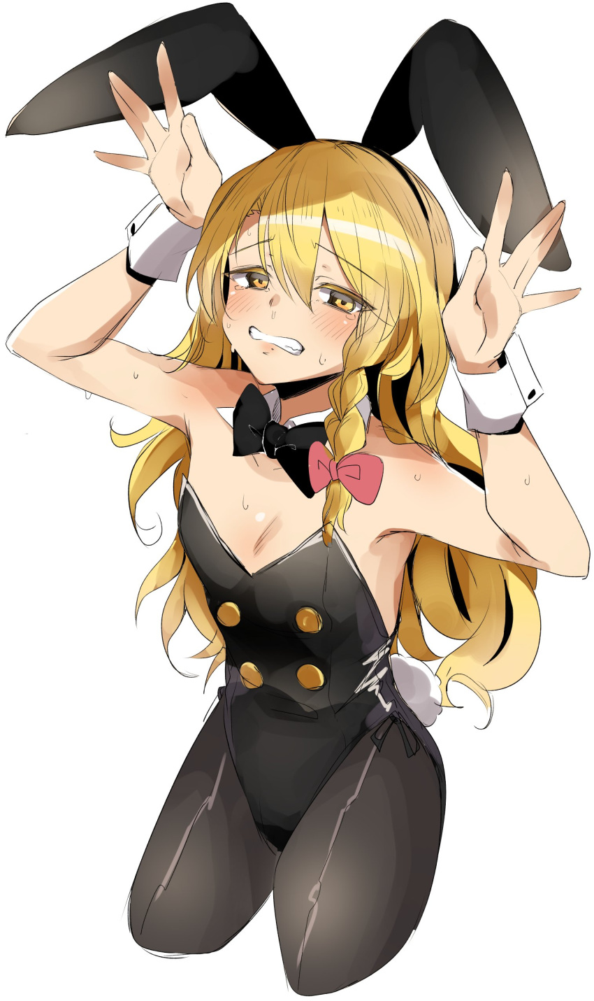 1girl \||/ absurdres alternate_costume animal_ears armpit_crease arms_up bangs bare_shoulders black_bow black_bowtie black_legwear black_neckwear blonde_hair blush bow bowtie braid breasts buttons clenched_teeth collarbone commentary_request cropped_legs detached_collar embarrassed eyebrows_visible_through_hair eyelashes fake_animal_ears fingernails hair_ribbon highres kirisame_marisa lips long_hair momendoufu pantyhose playboy_bunny rabbit_ears rabbit_tail red_ribbon ribbon simple_background single_braid small_breasts snot solo sweat sweatdrop tail tearing_up tears teeth touhou tress_ribbon white_background wrist_cuffs yellow_eyes