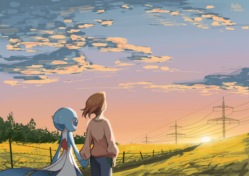 2girls alternate_color artist_name backlighting bellavoirr blue_hair blue_pants blue_skin bob_cut brown_hair clouds colored_skin commentary dated english_commentary fence from_behind gardevoir gradient_sky grass highres holding_hands long_sleeves multicolored_skin multiple_girls orange_sky original pants pink_sweater pokemon pokemon_(creature) power_lines shiny_pokemon short_hair signature sky standing sun sunset sweater transmission_tower tree two-tone_skin undercut white_skin yuri