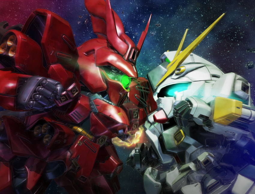 a_mituhashi aqua_eyes char's_counterattack commentary_request damaged debris duel eye_contact glowing glowing_eyes green_eyes gundam looking_at_another mecha mobile_suit no_humans nu_gundam one-eyed punching sazabi science_fiction sd_gundam space star_(sky) v-fin