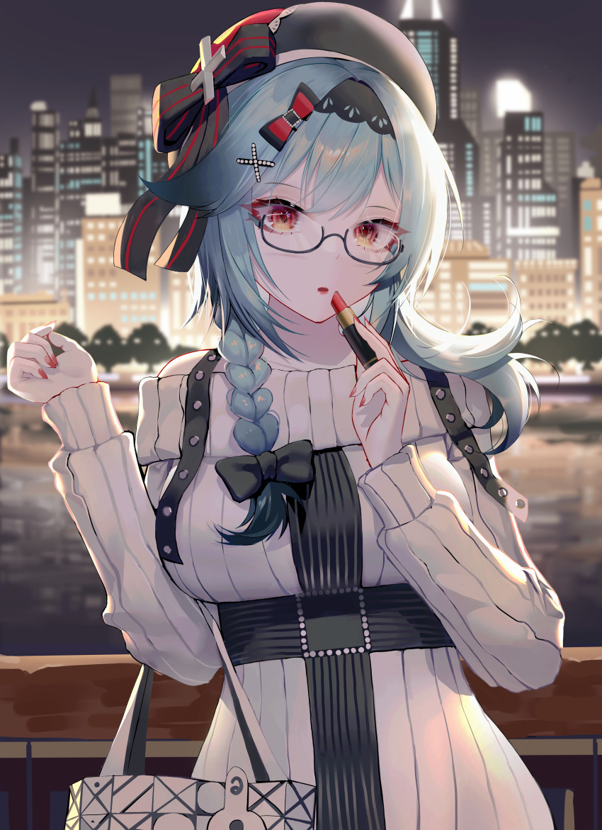 1girl absurdres bangs bare_shoulders beret black_hairband black_headwear blue_hair blush breasts cityscape eula_(genshin_impact) genshin_impact glasses hair_ornament hairband hat highres large_breasts lipstick long_sleeves looking_at_viewer makeup medium_hair off-shoulder_sweater off_shoulder rib_(rib_delesetong) ribbed_sweater sidelocks solo sweater violet_eyes white_sweater