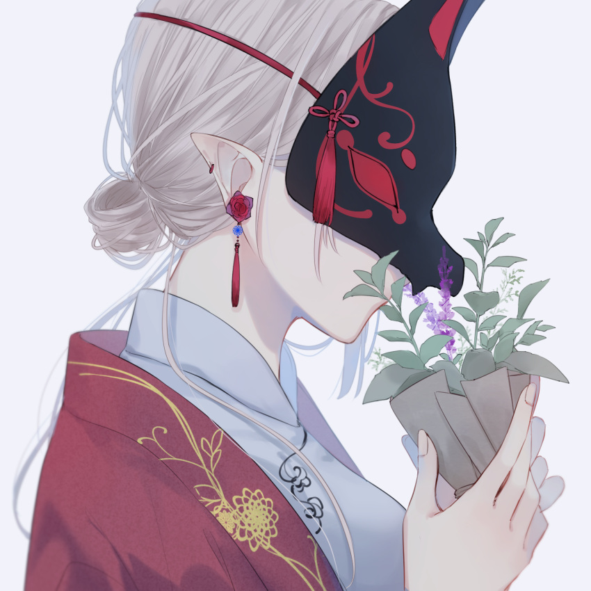 1girl bouquet breasts chinese_clothes coat covered_eyes covered_mouth earrings embroidery fingernails floral_print flower flower_earrings flower_over_mouth fox_mask from_side grey_background hair_bun hair_strand highres holding jewelry long_hair mask original pointy_ears portrait profile purple_flower red_coat red_flower red_theme silver_hair simple_background smelling_flower solo tassel tassel_earrings tsuki_mitsu wrapper