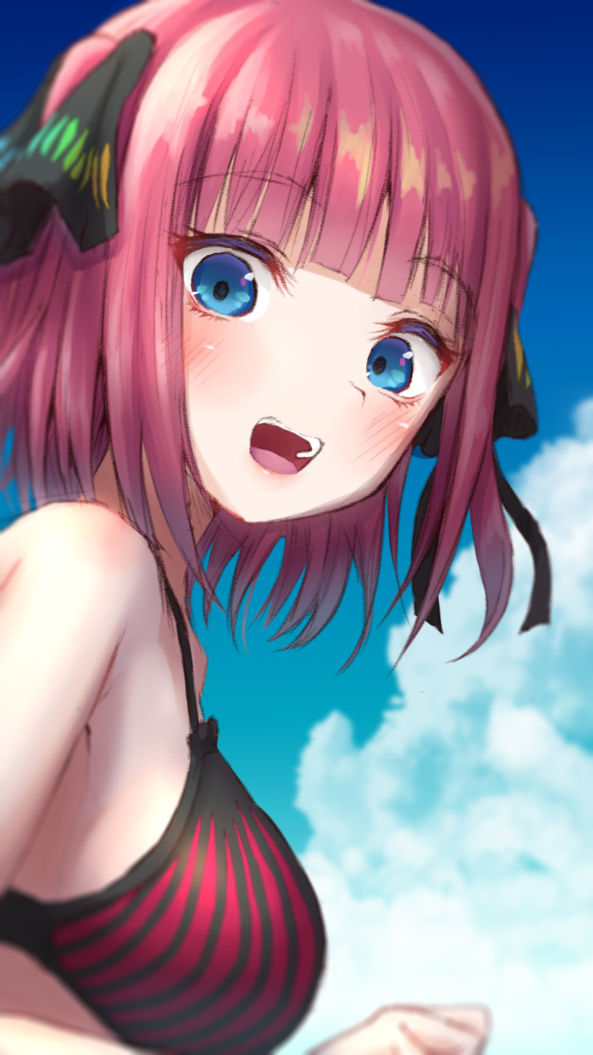 1girl :d bangs bikini black_ribbon blue_eyes blunt_bangs blush breasts butterfly_hair_ornament clouds eyebrows_visible_through_hair from_below go-toubun_no_hanayome hair_ornament highres large_breasts looking_at_viewer nakano_nino outdoors pink_hair ribbon sky smile striped striped_bikini swimsuit take-run-atelier twintails vertical-striped_bikini vertical_stripes