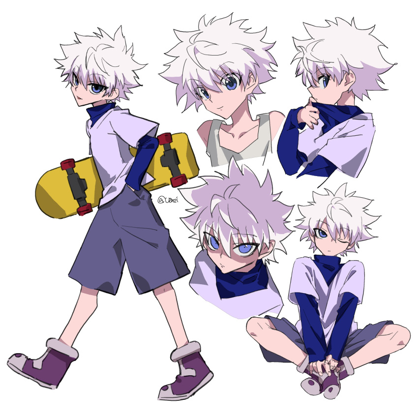 1boy absurdres bangs blue_eyes closed_mouth eyebrows_visible_through_hair hair_between_eyes hand_in_pocket highres holding hunter_x_hunter killua_zoldyck long_sleeves multiple_views one_eye_closed purple_footwear shaded_face shorts simple_background sitting skateboard spiky_hair tank_top tongue tongue_out twitter_username u0rei walking white_background white_hair white_tank_top