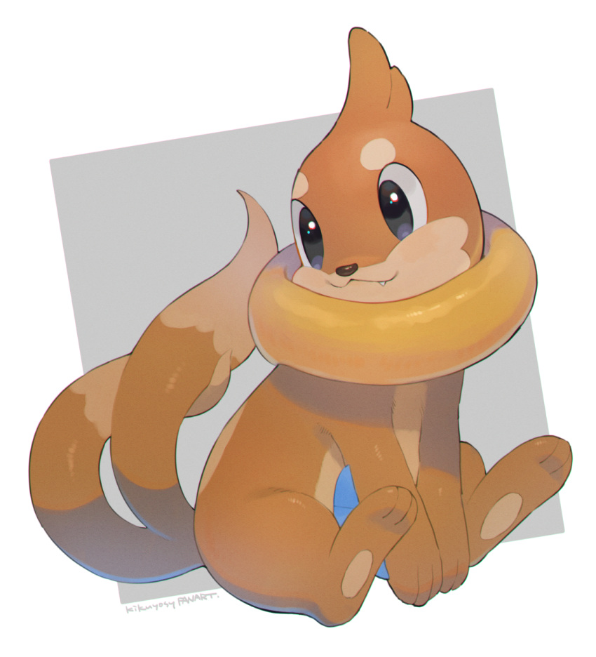 black_eyes buizel closed_mouth commentary_request fang fang_out full_body highres kikuyoshi_(tracco) looking_back pokemon pokemon_(creature) shiny signature sitting smile toes