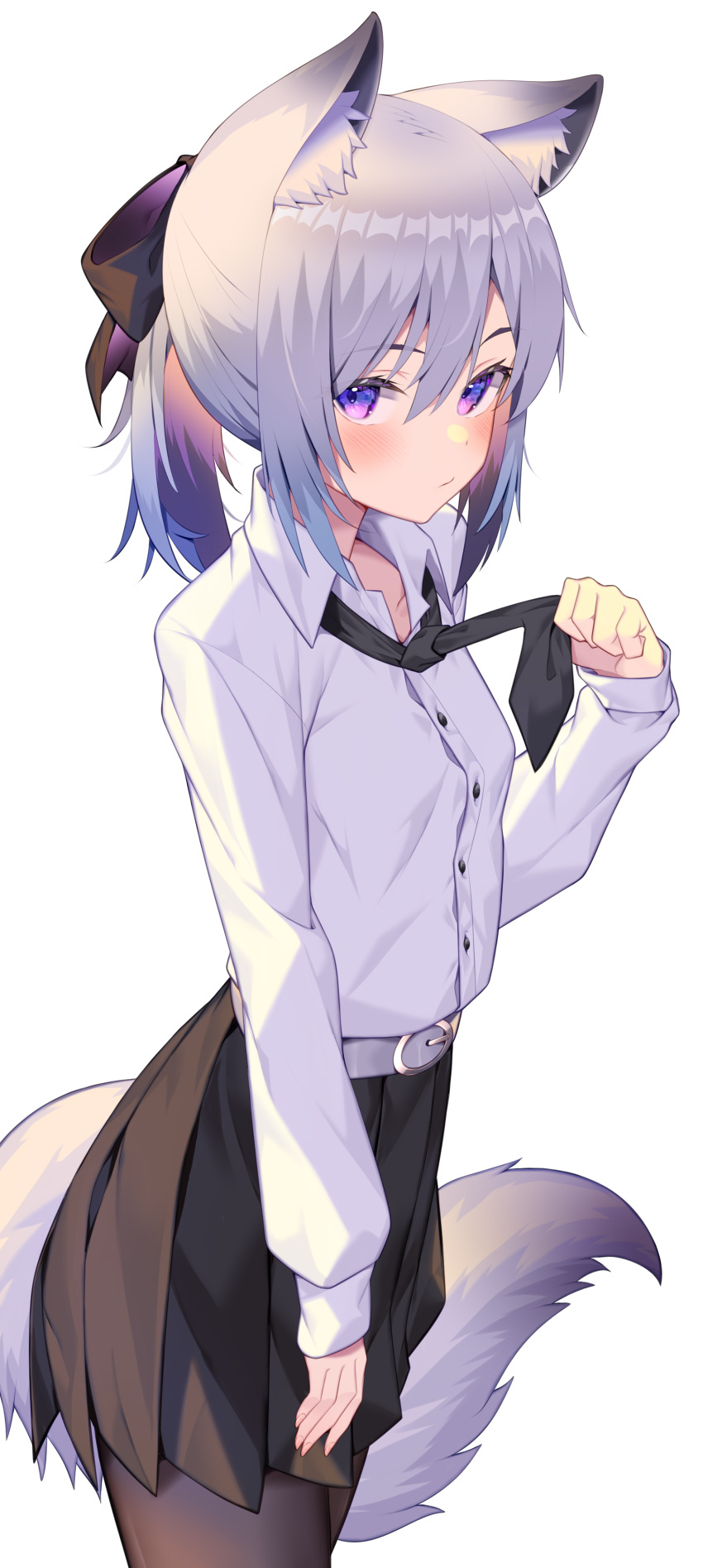 1girl absurdres animal_ear_fluff animal_ears bangs belt black_bow black_legwear black_necktie black_skirt bow collared_shirt commentary_request commission cowboy_shot fox_ears fox_girl fox_tail hair_between_eyes hair_bow hand_up highres jun_(aousa0328) long_sleeves looking_at_viewer medium_hair necktie neckwear_lift original pantyhose ponytail shirt shirt_tucked_in silver_hair simple_background skeb_commission skirt solo standing tail violet_eyes white_background white_belt white_shirt wing_collar