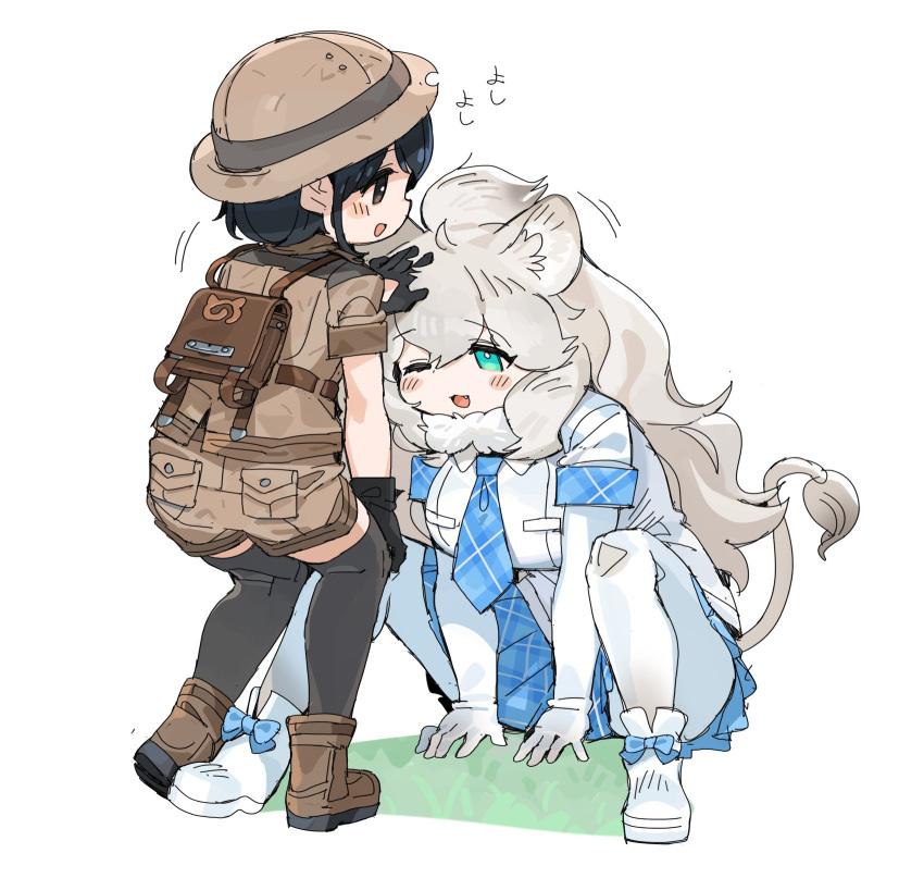 2girls :3 animal_ears backpack bag big_hair black_gloves black_hair black_legwear blue_bow blue_eyes blue_necktie blue_skirt blush boots bow brown_eyes brown_footwear captain_(kemono_friends) collared_shirt commentary_request elbow_gloves eyebrows_visible_through_hair fang footwear_bow gloves hand_on_another's_head helmet highres japari_symbol kemono_friends kemono_friends_3 khakis lion_ears lion_girl lion_tail long_hair multiple_girls necktie one_eye_closed open_mouth pantyhose pith_helmet plaid plaid_necktie plaid_skirt plaid_trim pleated_skirt shirt short_hair short_sleeves skirt spawnfoxy squatting tail thigh-highs uniform white_footwear white_gloves white_hair white_legwear white_lion_(kemono_friends) white_shirt zettai_ryouiki