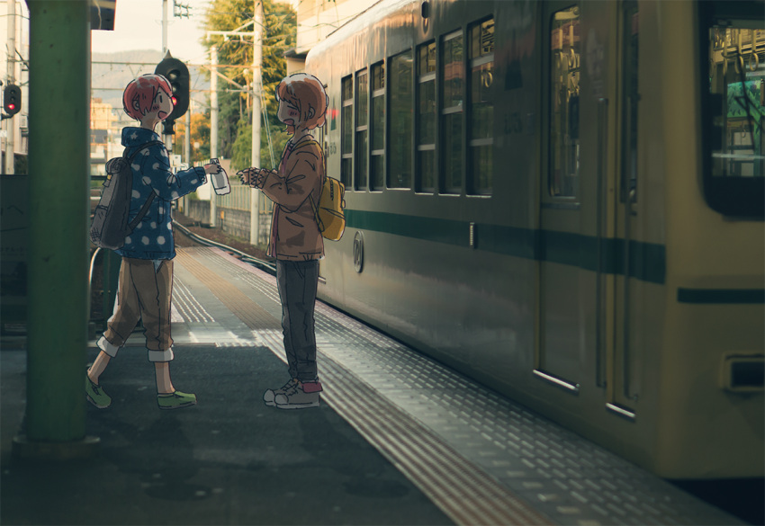 2girls :d ^_^ ^o^ backlighting backpack bag bangs black_bag black_eyes blue_jacket blurry blush_stickers bottle brown_jacket brown_pants capri_pants casual chromatic_aberration closed_eyes dark day denim depth_of_field from_side full_body green_footwear grey_footwear grey_pants ground_vehicle hand_up hasu_(zatsugami) holding holding_bottle hood hood_down hooded_jacket hoshizora_rin jacket jeans koizumi_hanayo legs_together long_sleeves looking_at_another love_live! love_live!_school_idol_project multiple_girls no_socks open_clothes open_jacket open_mouth orange_hair outdoors overhead_line pants photo_background power_lines profile railroad_tracks redhead scenery shade shoes short_hair smile sneakers standing tactile_paving traffic_light train train_station train_station_platform tree utility_pole walking water_bottle yellow_bag