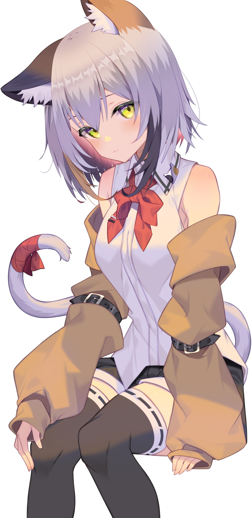 1girl absurdres animal_ear_fluff animal_ears bare_shoulders belt black_belt black_legwear brown_sleeves cat_ears cat_girl cat_tail closed_mouth commentary_request detached_sleeves highres jun_(aousa0328) light_smile looking_at_viewer original red_neckwear red_ribbon ribbon shirt short_hair silver_hair simple_background sleeveless sleeveless_shirt solo tail tail_ornament tail_ribbon thigh-highs white_background white_shirt yellow_eyes