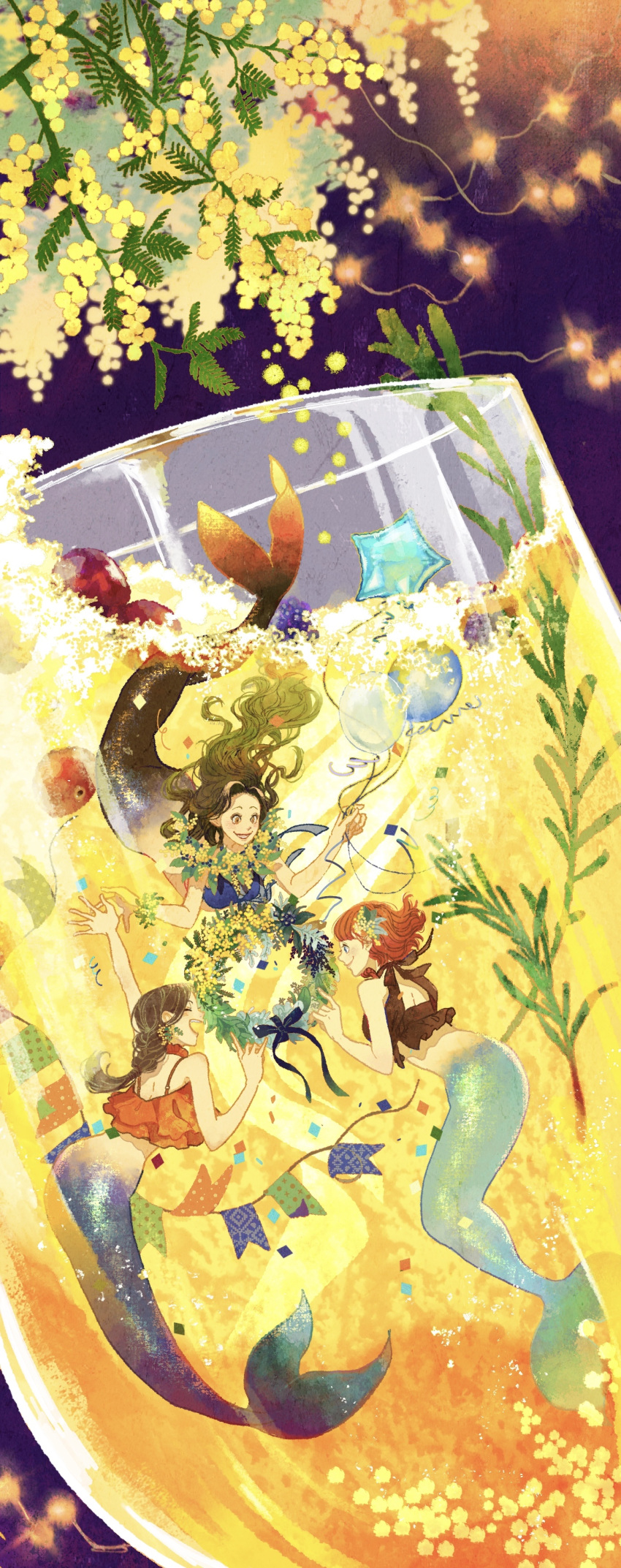 1girl absurdres balloon blue_hair braid brown_hair bubble champagne_flute closed_eyes confetti cup drinking_glass hands_up happy highres in_container itou_shizu laughing long_hair mermaid monster_girl original procreate_(medium) redhead seaweed short_hair smile string_of_flags wreath