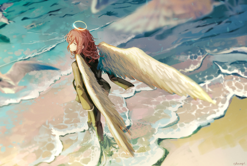1boy androgynous angel_devil_(chainsaw_man) angel_wings artist_name beach bird black_jacket black_pants brown_hair chainsaw_man champi feathered_wings from_above full_body grey_eyes hair_between_eyes halo highres jacket long_hair male_focus ocean pants seagull shore signature solo standing wading water white_wings wings
