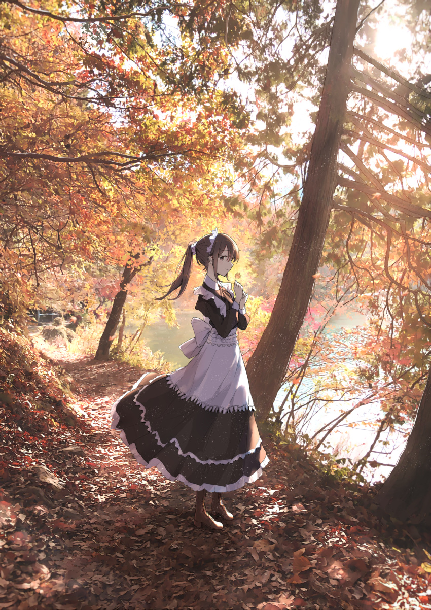 1girl anyotete autumn autumn_leaves boots dress forest full_body hair_ornament hair_scrunchie highres holding holding_leaf layered_dress leaf leather leather_boots light_smile looking_at_viewer maid maid_headdress maple_leaf nature original outdoors photo_background pinafore_dress ponytail profile scenery scrunchie solo sunlight tree two-tone_dress