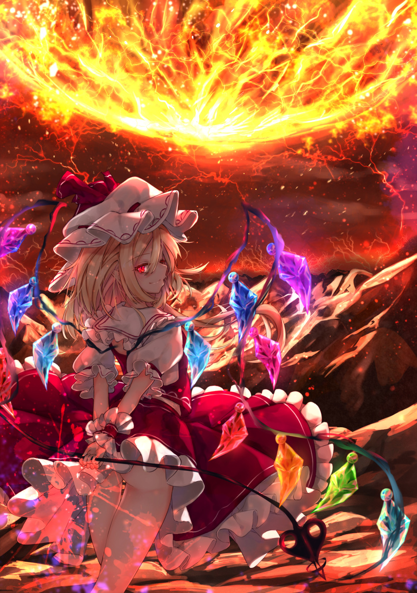 1girl absurdres arms_behind_back ass blonde_hair calpis118 crystal energy_ball feet_out_of_frame flandre_scarlet frilled_shirt_collar frilled_skirt frills from_behind glowing glowing_eyes grin hair_between_eyes hat highres holding holding_polearm holding_staff holding_weapon laevatein_(touhou) looking_at_viewer looking_back medium_hair mob_cap outdoors petticoat polearm profile puffy_sleeves rainbow_order red_eyes red_skirt red_vest shirt sideways_glance skirt skirt_set smile solo staff touhou vest weapon white_headwear white_shirt wings wrist_cuffs