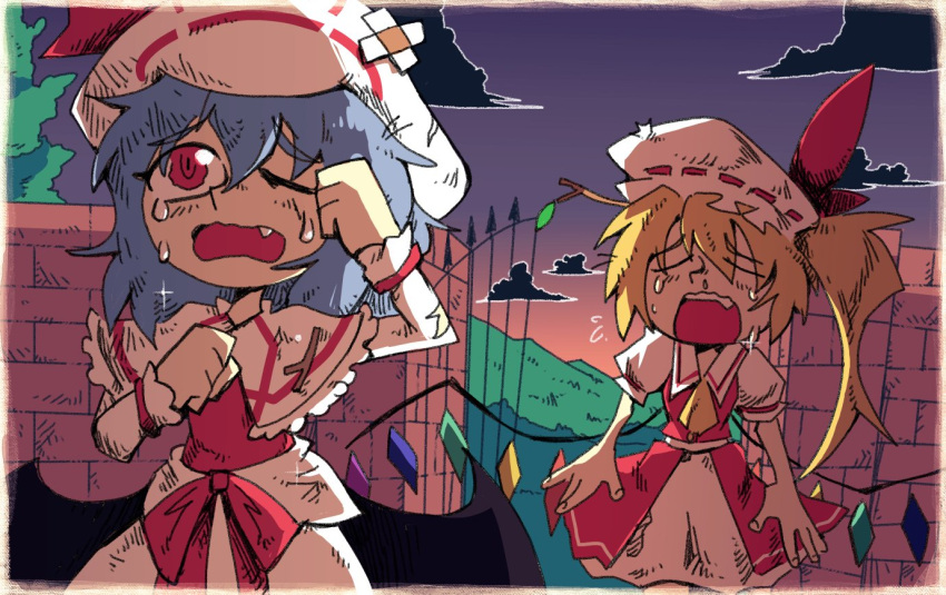 2girls bat_wings beret blonde_hair blue_hair bow branch capelet closed_eyes crying dawn dirty dirty_clothes dirty_face english_commentary fangs flandre_scarlet gate hat mob_cap mountain multiple_girls open_mouth outdoors puffy_short_sleeves puffy_sleeves remilia_scarlet setz short_sleeves siblings side_ponytail sisters sobbing torn_clothes touhou waist_bow wings