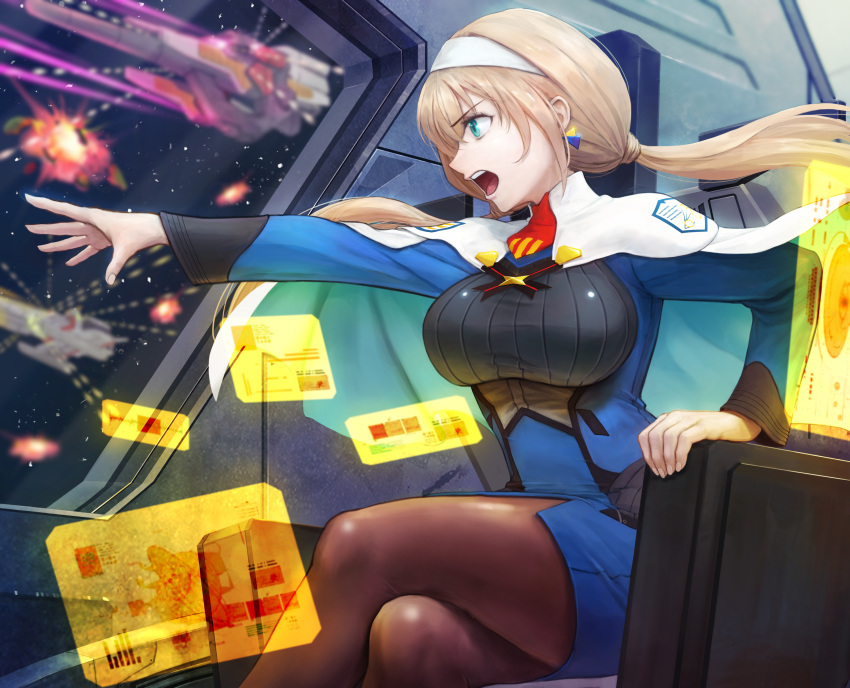 absurdres blonde_hair capelet green_eyes hair_behind_ear hairband highres low_twintails military military_uniform mitsuba_greyvalley pantyhose sterben super_robot_wars super_robot_wars_30 twintails uniform white_capelet white_hairband