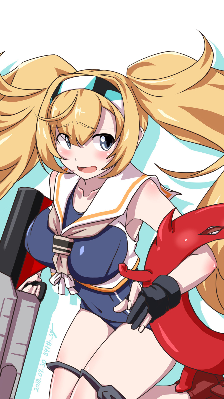 1girl 547th_sy absurdres abyssal_ship black_gloves blonde_hair blue_eyes breast_cutout breasts commentary_request cosplay cowboy_shot crop_top dated enemy_lifebuoy_(kancolle) framed_breasts gambier_bay_(kancolle) gloves grey_swimsuit gun hairband highres i-13_(kancolle) i-13_(kancolle)_(cosplay) kantai_collection large_breasts looking_at_viewer partially_fingerless_gloves school_swimsuit single_glove solo swimsuit twintails twitter_username weapon