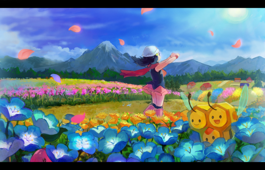 1girl beanie black_hair black_legwear black_shirt blue_flower boots building clouds combee commentary_request day floating_hair floating_scarf flower flypopo hat highres hikari_(pokemon) kneehighs long_hair mountain outdoors petals pink_footwear pink_skirt pokemon pokemon_(creature) pokemon_(game) pokemon_dppt red_scarf scarf scenery shirt skirt sky sleeveless sleeveless_shirt standing sun white_headwear