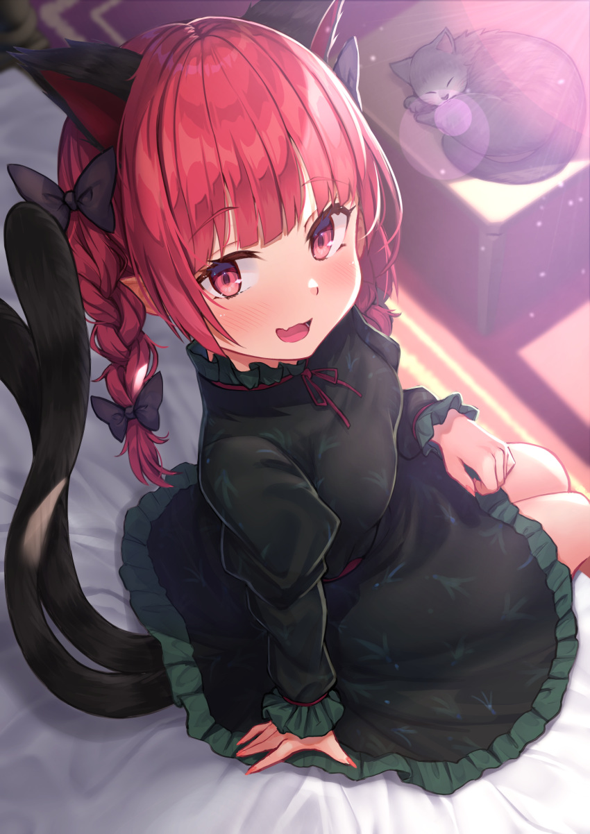 1girl :d animal_ears bangs black_bow black_dress blunt_bangs blush bow braid breasts cat cat_ears cat_girl cat_tail dress extra_ears eyebrows_visible_through_hair fang frilled_dress frilled_sleeves frills hair_bow highres indoors juliet_sleeves kaenbyou_rin long_sleeves looking_at_viewer multiple_tails nekomata on_bed open_mouth puffy_sleeves red_eyes red_nails red_neckwear redhead sitting smile solo tail touhou twin_braids two_tails wowoguni