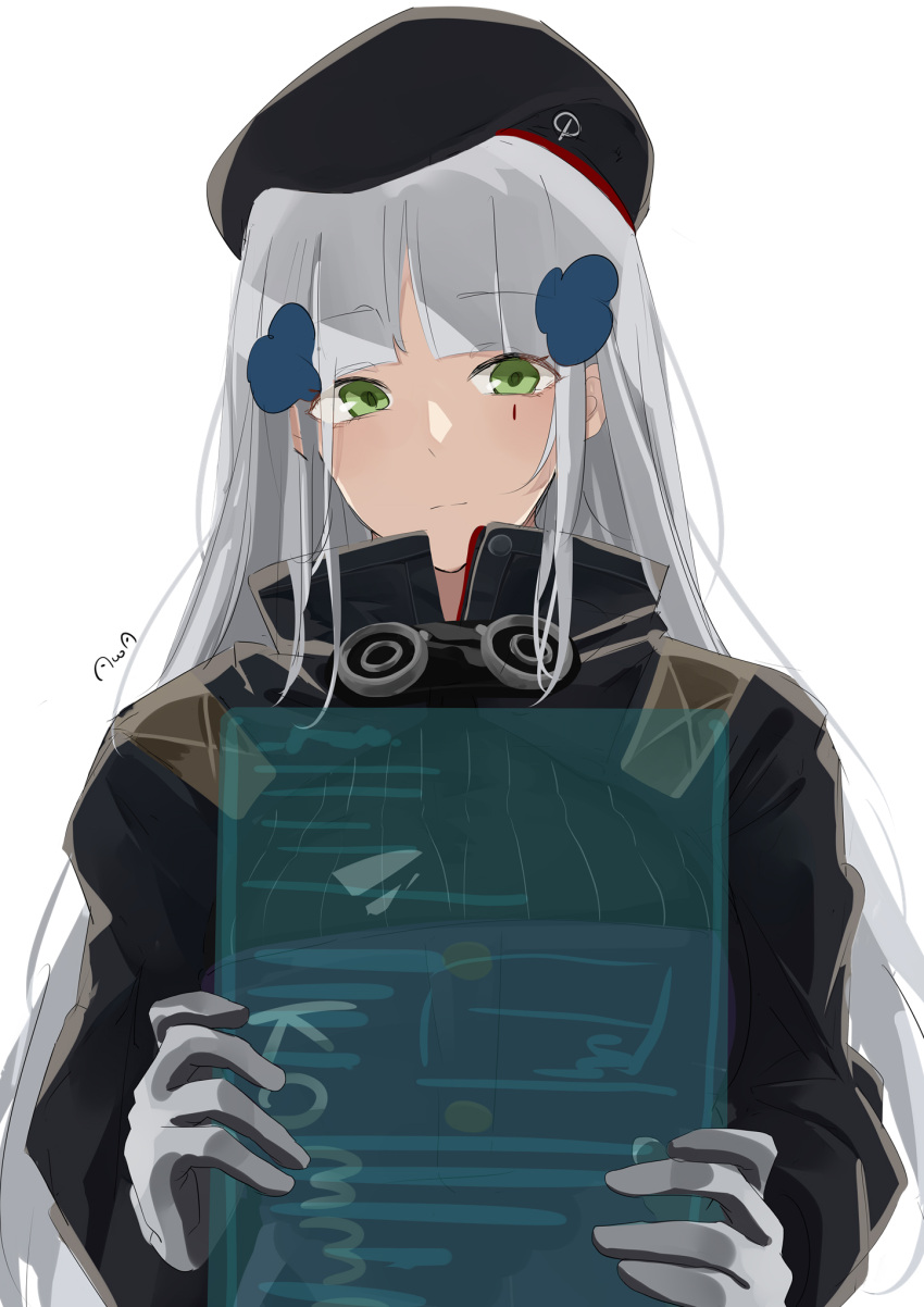 1girl artist_name bangs beret breasts closed_mouth expressionless eyebrows_visible_through_hair girls_frontline gloves green_eyes hair_between_eyes hair_ornament hairclip hat highres hk416_(girls'_frontline) holding holding_notepad light_blue_hair long_hair looking_down notepad solo sutekina_awa tactical_clothes teardrop_facial_mark teardrop_tattoo upper_body white_background white_gloves