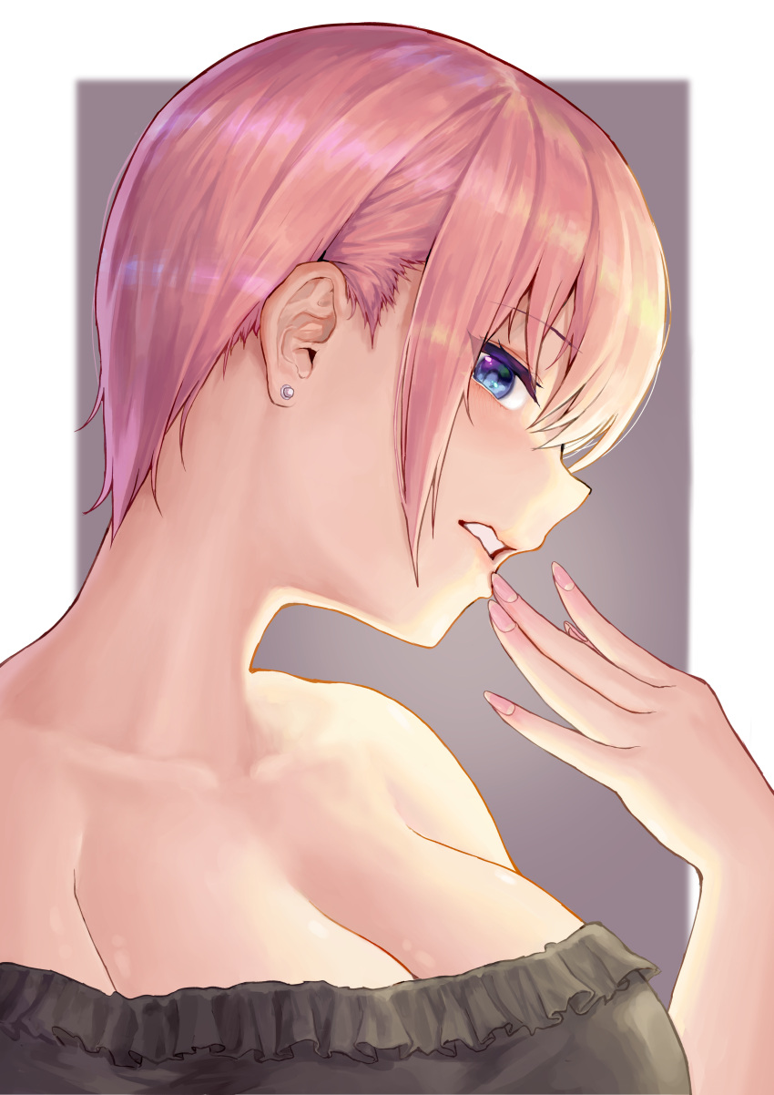 1girl absurdres bare_shoulders breasts collarbone earrings eyebrows_visible_through_hair fingernails go-toubun_no_hanayome grey_background highres hoshibudou jewelry large_breasts looking_at_viewer nakano_ichika parted_lips pink_hair short_hair solo two-tone_background upper_body white_background
