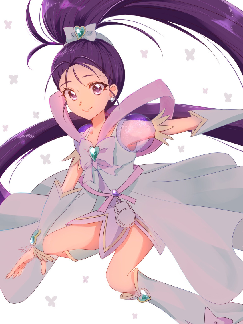 1girl bow commentary_request cure_windy detached_sleeves dress earrings eyelashes fpminnie1 futari_wa_precure_splash_star hair_ornament hair_ribbon happy heart heart_earrings highres jewelry long_hair looking_at_viewer magical_girl mishou_mai ponytail precure puffy_short_sleeves puffy_sleeves purple_hair ribbon short_sleeves sketch smile solo very_long_hair violet_eyes