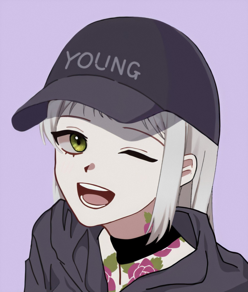 1girl black_choker cap chigusa_(fortnite) choker dahnjyt fortnite green_eyes grey_background grey_sweater happy highres long_hair looking_at_viewer open_mouth silver_hair simple_background smile solo sweater tattoo