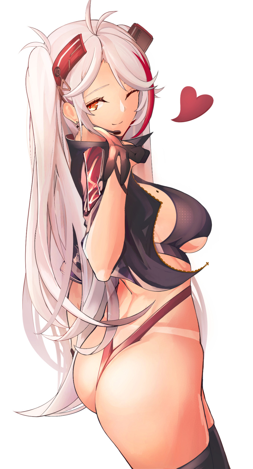 1girl ass azur_lane breasts clothing_cutout cropped_shirt earpiece earrings from_side gloves half_gloves headgear heart highres jacket jewelry large_breasts long_hair midriff mole mole_on_breast multicolored_hair official_alternate_costume one_eye_closed open_clothes open_jacket panties prinz_eugen_(azur_lane) prinz_eugen_(final_lap)_(azur_lane) purple_jacket racequeen red_panties redhead simple_background solo standing streaked_hair tan tanlines thigh-highs two-tone_hair under_boob underboob_cutout underwear very_long_hair white_background white_hair yellow_eyes yusha_m zettai_ryouiki