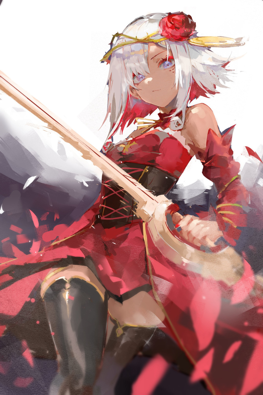 1girl absurdres destiny_(takt_op.) dokuro_deluxe flower highres holding holding_sword holding_weapon rose solo sowrd sword takt_op._destiny thorns violet_eyes weapon white_hair