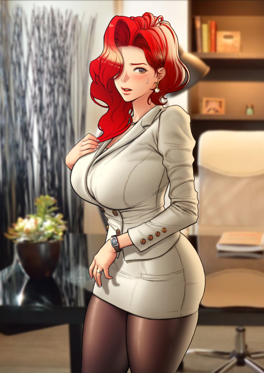 1girl absurdres black_legwear blazer blush bookshelf breasts chair curvy earrings flower hair_behind_ear hair_over_one_eye highres jacket jewelry large_breasts long_hair mature_female miniskirt office_lady open_mouth original pantyhose redhead ring robocap skirt sweatdrop table watch