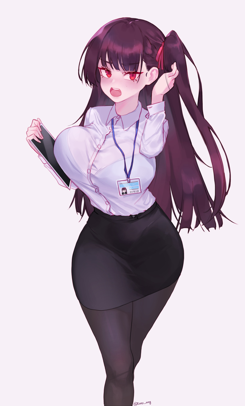 1girl black_legwear black_skirt blush bra_visible_through_clothes breasts collared_shirt commentary_request eonsang eyebrows_visible_through_hair girls_frontline hair_ribbon half_updo highres id_card large_breasts long_hair long_sleeves looking_at_viewer office_lady open_mouth pantyhose purple_hair red_eyes red_ribbon ribbon shirt shirt_tucked_in simple_background skirt solo teeth upper_teeth wa2000_(girls'_frontline) white_shirt