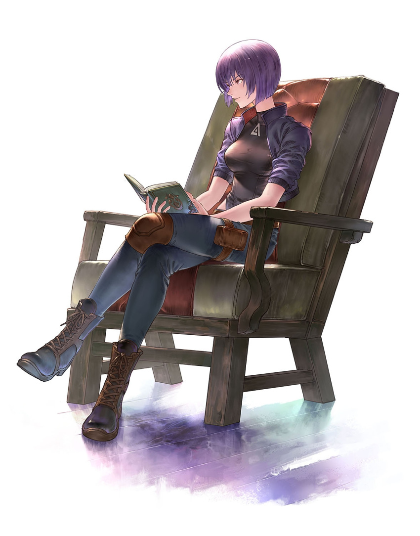 1girl black_shirt boots breasts chair crossed_legs full_body ghost_in_the_shell grey_pants highres holding holster jacket knee_pads kusanagi_motoko medium_breasts open_clothes open_jacket pants parted_lips purple_hair purple_jacket red_eyes renyu1012 shirt short_hair sitting solo straight_hair thigh_holster