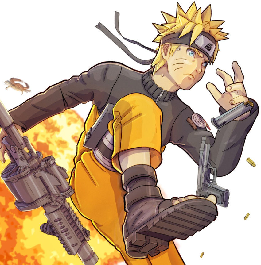 1boy blonde_hair blue_eyes bullet closed_mouth crab explosion forehead_protector grenade_launcher gun handgun highres jacket magazine_(weapon) naruto_(series) naruto_shippuuden ninja orange_jacket orange_pants pants pistol sandals shoe_soles short_hair simple_background solo spiky_hair stormyorha sweat uzumaki_naruto weapon white_background