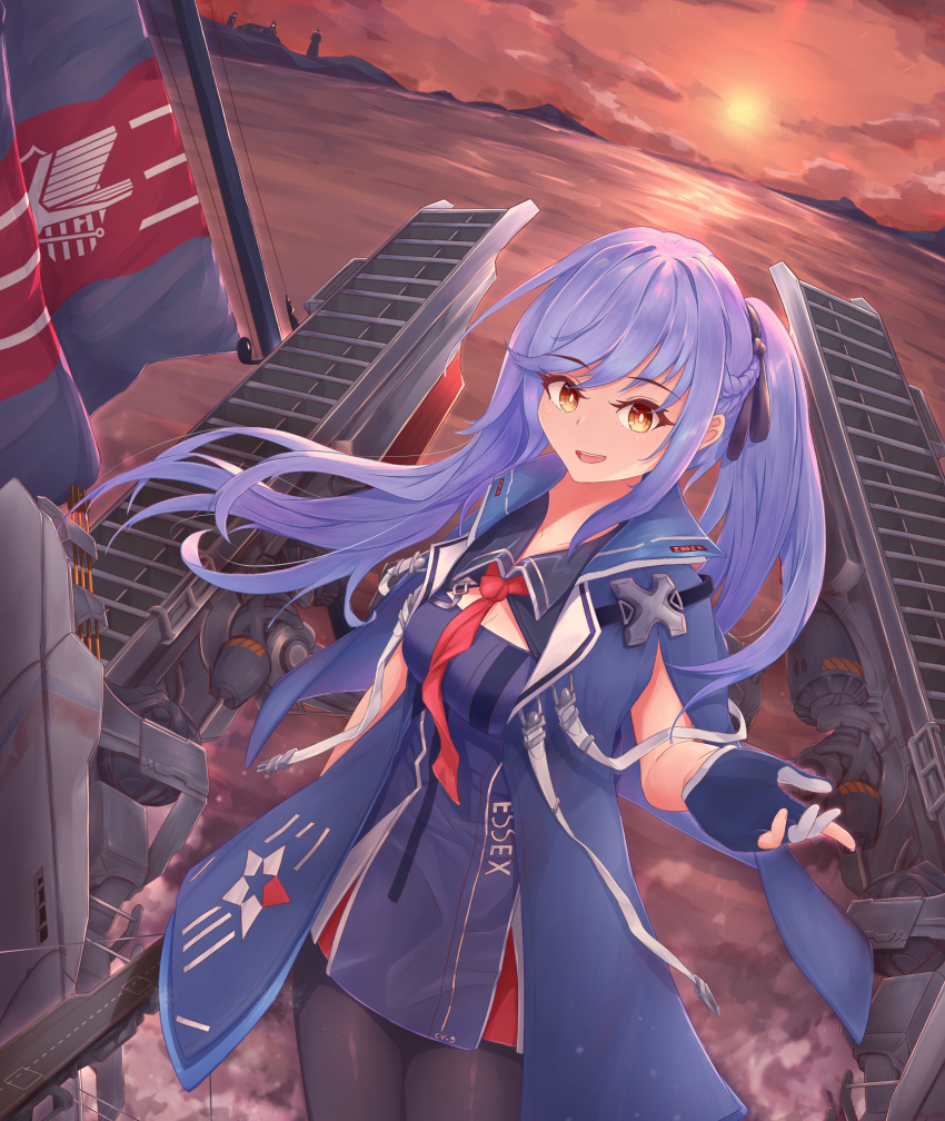 1girl absurdres azur_lane breasts character_name coat dress essex_(azur_lane) fingerless_gloves flight_deck from_above gloves highres kyl490 looking_at_viewer medium_breasts microdress necktie open_clothes open_coat outdoors pantyhose purple_coat purple_dress purple_gloves purple_hair red_necktie rigging solo sunset water yellow_eyes