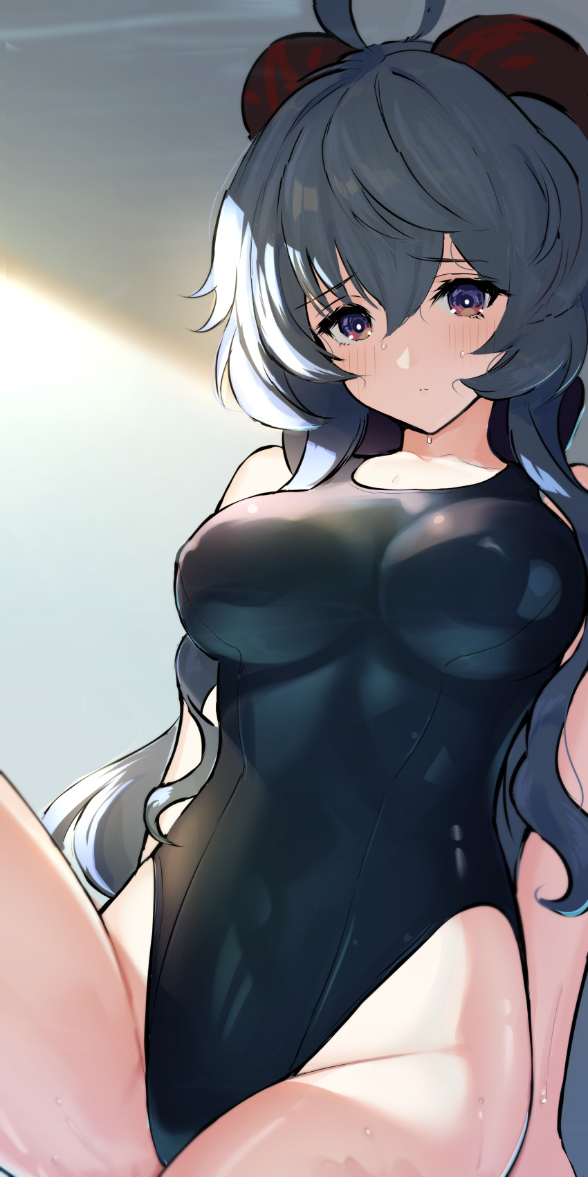 absurdres ahoge aiu_eo bangs blue_hair blush breasts competition_swimsuit curled_horns eyebrows_visible_through_hair ganyu_(genshin_impact) genshin_impact highres horns long_hair looking_at_viewer medium_breasts one-piece_swimsuit sidelocks sitting solo sweat swimsuit