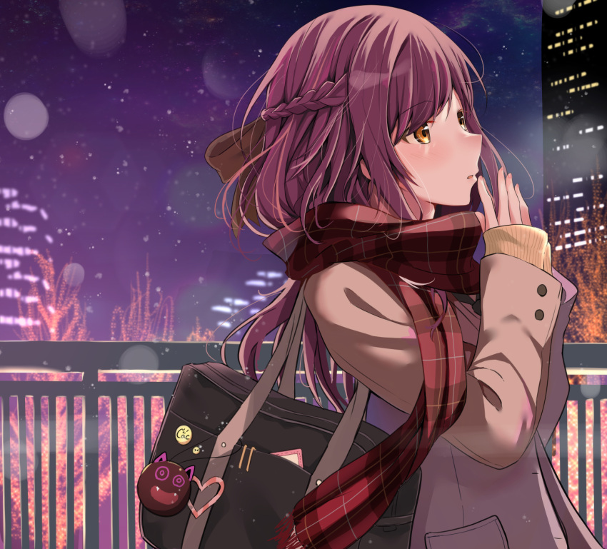 1girl bag bag_charm bow braid breath brown_bow brown_eyes brown_hair brown_jacket brown_sweater building cac_itinose charm_(object) commentary_request fringe_trim hair_bow hands_up heart highres idolmaster idolmaster_shiny_colors jacket long_hair long_sleeves looking_away night oosaki_amana outdoors parted_lips plaid plaid_scarf railing red_scarf scarf school_bag skyscraper sleeves_past_wrists solo sweater