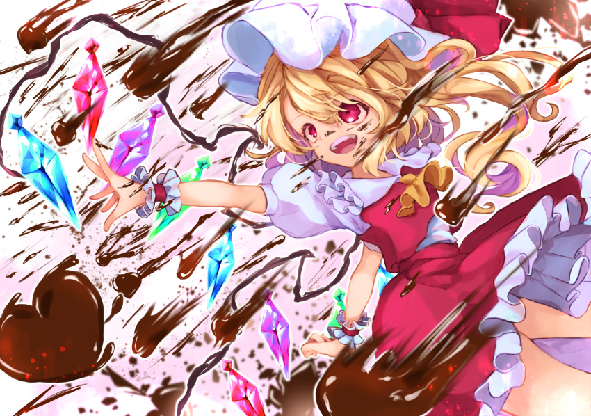 :d ascot blonde_hair calpis118 chocolate cowboy_shot crystal eyebrows_visible_through_hair flandre_scarlet frilled_shirt_collar frilled_skirt frills hair_between_eyes hat hat_ribbon highres medium_hair mob_cap open_mouth outstretched_arms puffy_short_sleeves puffy_sleeves red_eyes red_ribbon red_skirt red_vest ribbon shirt short_sleeves side_ponytail skirt skirt_set smile teeth throwing touhou upper_teeth valentine vest white_headwear white_shirt wings wrist_cuffs yellow_ascot