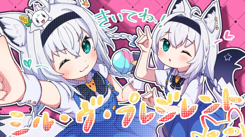2girls :3 ahoge animal_ear_fluff animal_ears bangs blue_dress blush braid child commentary_request dress earrings eyebrows_visible_through_hair fox_ears fox_girl fox_shadow_puppet fox_tail green_eyes hair_between_eyes hair_intakes hairband holding holding_microphone hololive jewelry long_hair looking_at_viewer microphone multiple_girls one_eye_closed open_mouth outstretched_arm pentagram pinafore_dress sasaki_(glass1138) shirakami_fubuki shirt short_sleeves sidelocks single_braid sukonbu_(shirakami_fubuki) tail twin_braids virtual_youtuber white_hair white_shirt wrist_cuffs younger