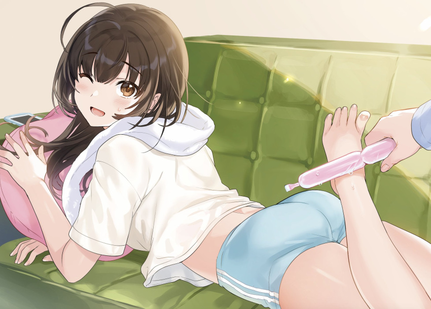 "rouhou"_ore_no_iinazuke_ni_natta_jimiko_ie_dewa_kawaii_shikanai. 1boy 1girl ;d ahoge ass bangs barefoot blue_shorts blush brown_eyes brown_hair couch eyebrows_visible_through_hair feet foot_up highres holding indoors long_hair looking_at_viewer lying midriff novel_illustration official_art on_couch on_stomach one_eye_closed open_mouth phone pillow shirt short_shorts short_sleeves shorts smile solo_focus sweatdrop tan_(tangent) textless toes towel towel_around_neck tupet watanae_yuuka white_shirt