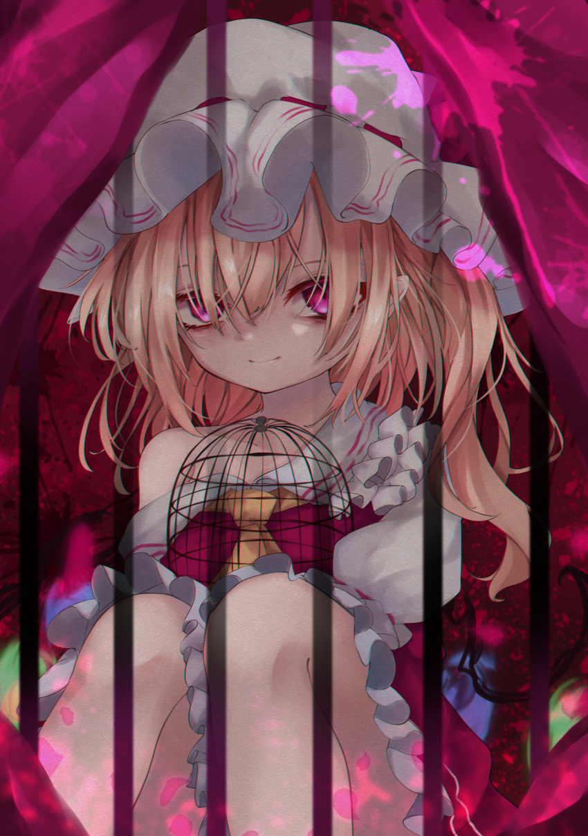 1girl absurdres ascot blonde_hair cage calpis118 closed_mouth collarbone feet_out_of_frame flandre_scarlet frilled_shirt_collar frills hair_between_eyes hat highres in_cage looking_at_viewer medium_hair mob_cap off_shoulder puffy_short_sleeves puffy_sleeves red_ribbon red_skirt red_theme red_vest ribbon ribbon-trimmed_headwear ribbon_trim shirt short_sleeves side_ponytail skirt skirt_set smile solo touhou vest violet_eyes white_headwear white_shirt wings yellow_ascot