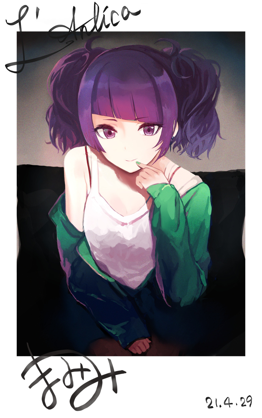 1girl absurdres asymmetrical_bangs bangs blunt_bangs dated diagonal_bangs earrings finger_to_mouth green_jacket highres idolmaster idolmaster_shiny_colors jacket jacket_partially_removed jewelry kadomaki_madoka light_smile looking_at_viewer nail_polish picture_(object) purple_hair signature sitting solo tanaka_mamimi tank_top thigh-highs twintails violet_eyes white_tank_top