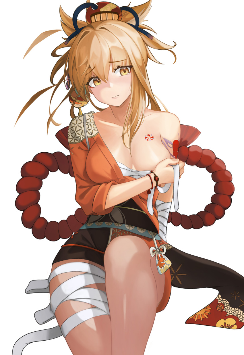 1girl absurdres arm_support bandages blonde_hair bracelet breasts collarbone eyebrows_visible_through_hair genshin_impact highres japanese_clothes jewelry long_hair medium_breasts off_shoulder ponytail simple_background sitting solo tattoo undressing white_background yoimiya_(genshin_impact) zerobig