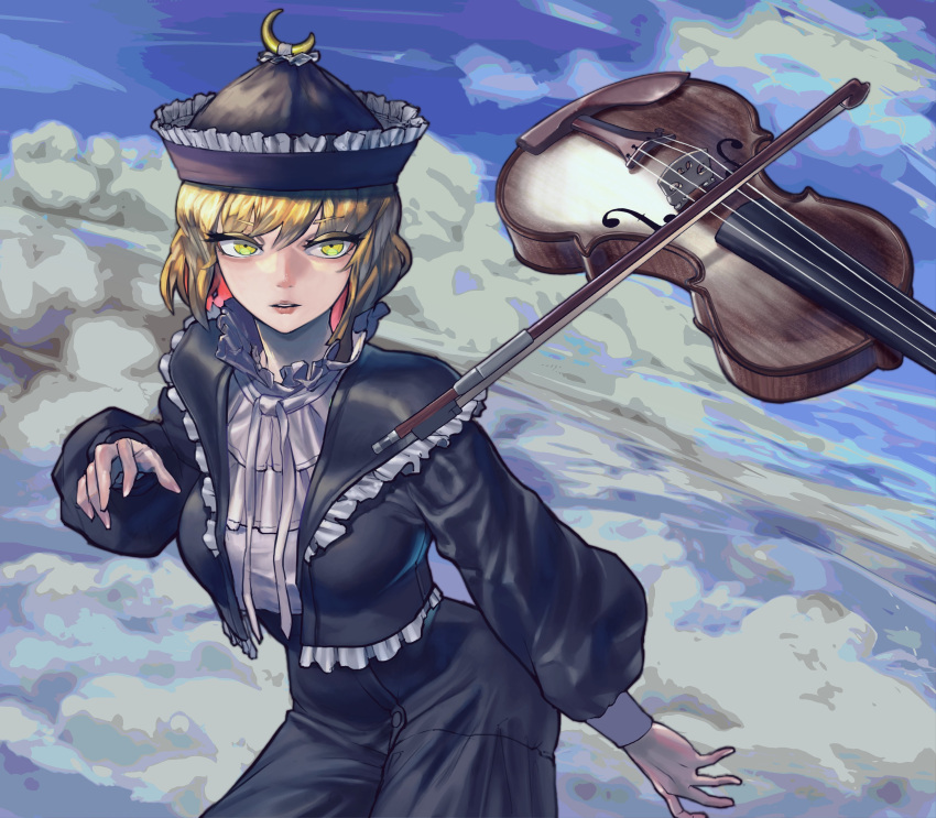 1girl absurdres black_headwear black_pants black_shirt blonde_hair bow_(music) clouds collar commentary_request contrapposto cowboy_shot crescent crescent_hat_ornament crescent_pin frilled_collar frilled_hat frills hat hat_ornament highres instrument lunasa_prismriver pants shirt skinnytorch sky solo touhou violin white_shirt yellow_eyes