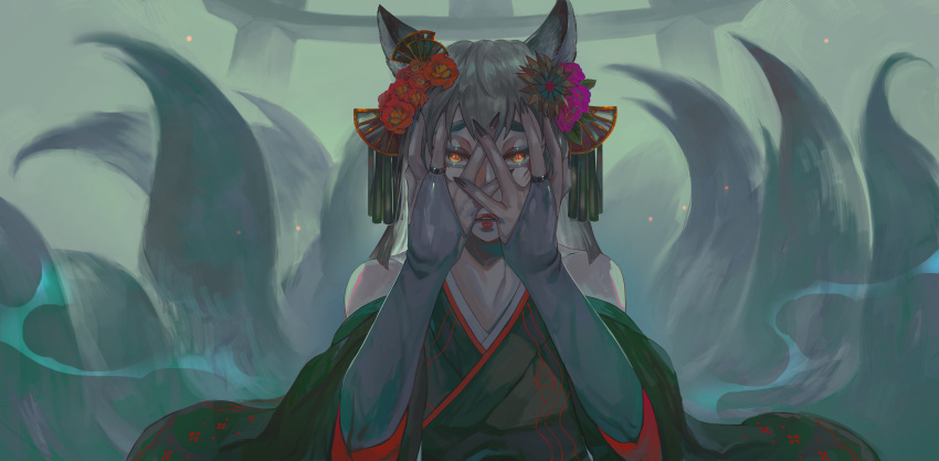 1girl absurdres androgynous animal_ears bangs bare_shoulders black_nails bridal_gauntlets collarbone fingernails flower fox_ears fox_tail green_background green_kimono hair_flower hair_ornament hands_up highres japanese_clothes jewelry kimono kitsune long_hair nail_polish orange_eyes original parted_lips purple_flower red_flower red_lips rinfu_(rinfu13) ring sharp_fingernails solo tail teeth three_monkeys torii upper_body wide_sleeves